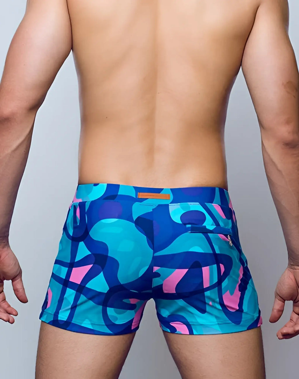 Vibrant blue and pink 2eros v60 bondi print swim trunks with bold modern abstract pattern for beachwear