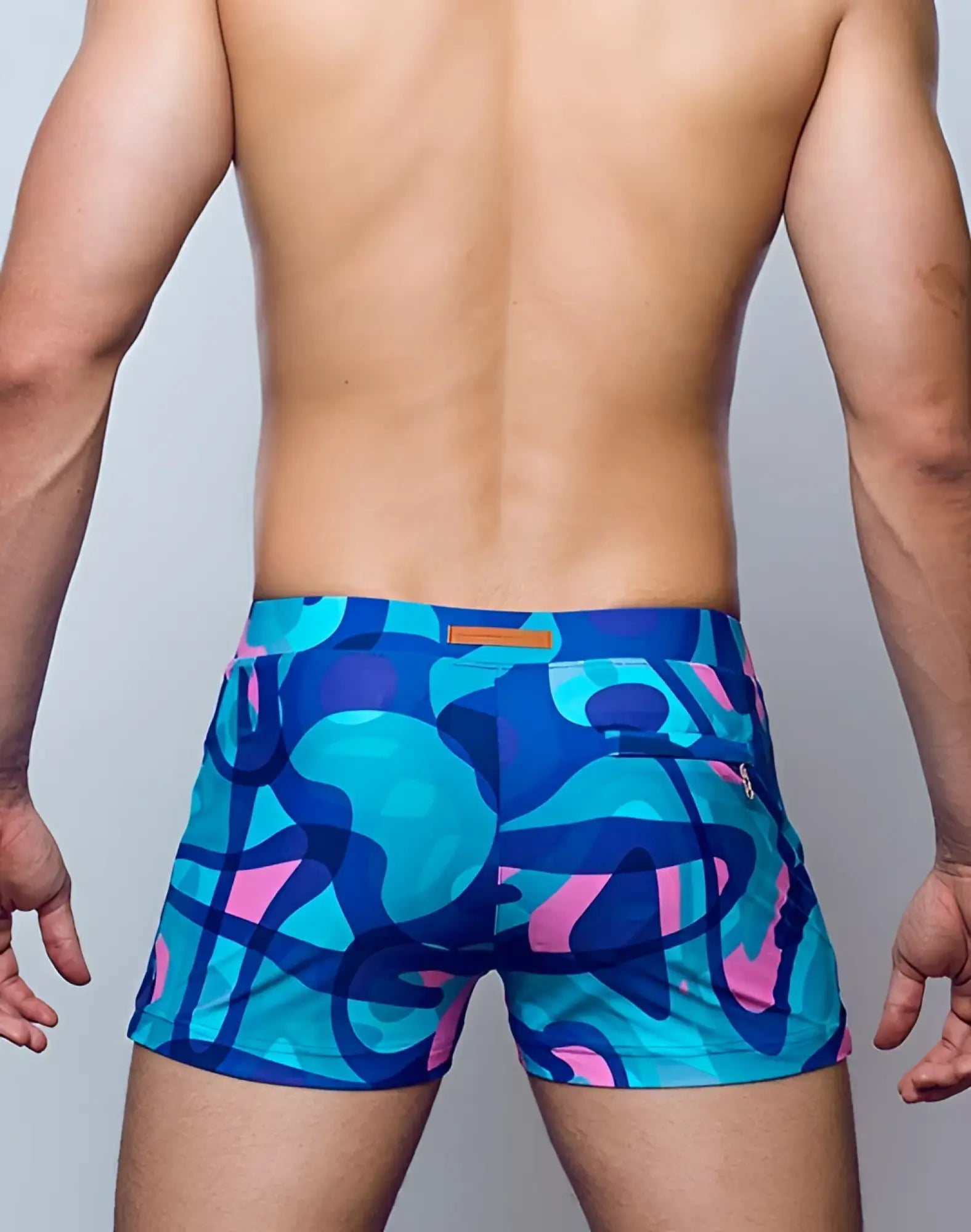 Vibrant blue and pink 2eros v60 bondi print swim trunks with bold modern abstract pattern for beachwear