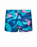 2EROS V60 Bondi Print swim trunks in kai blue featuring vibrant blue and pink abstract patterns with gold-toned button closure