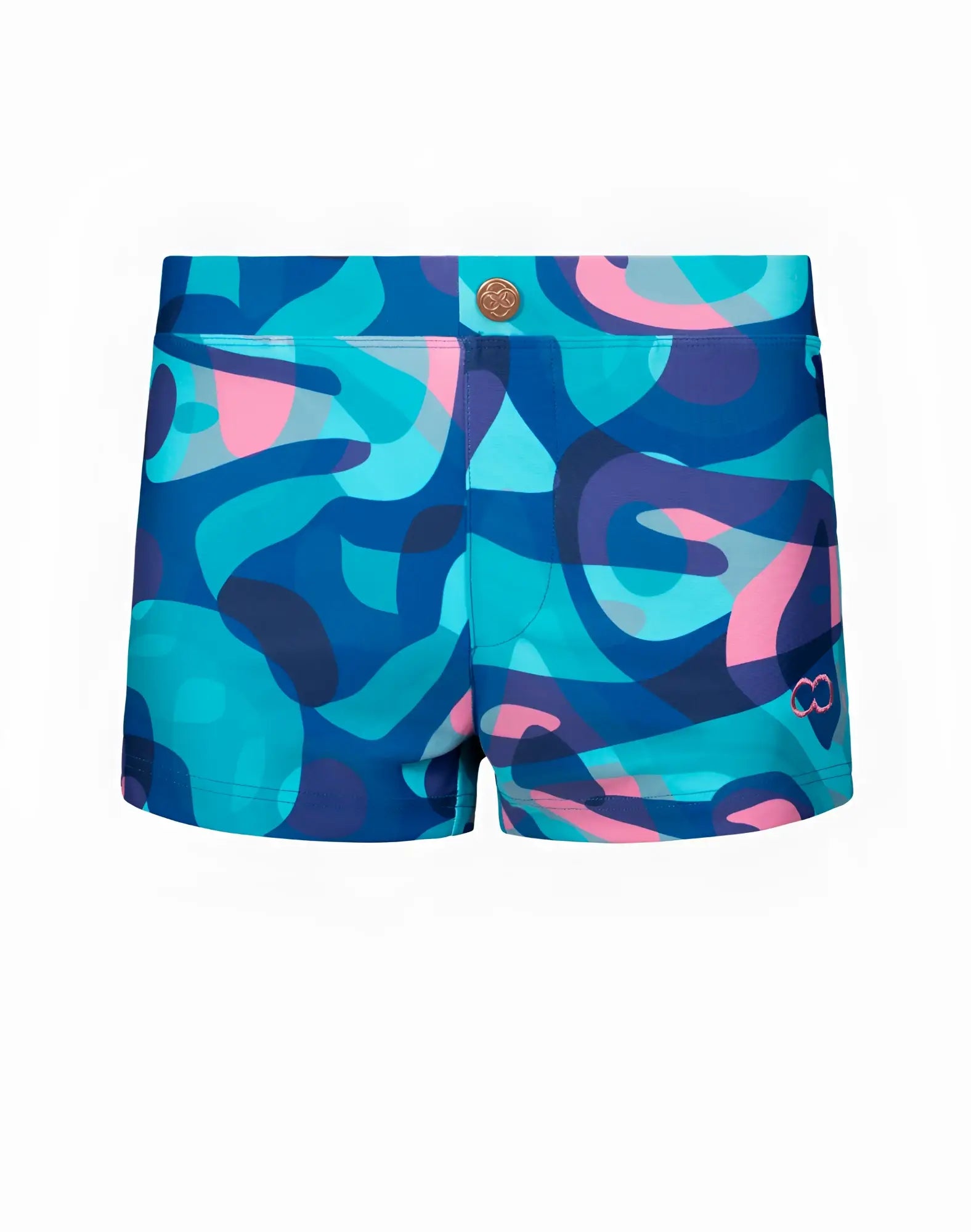 2EROS V60 Bondi Print swim trunks in kai blue featuring vibrant blue and pink abstract patterns with gold-toned button closure