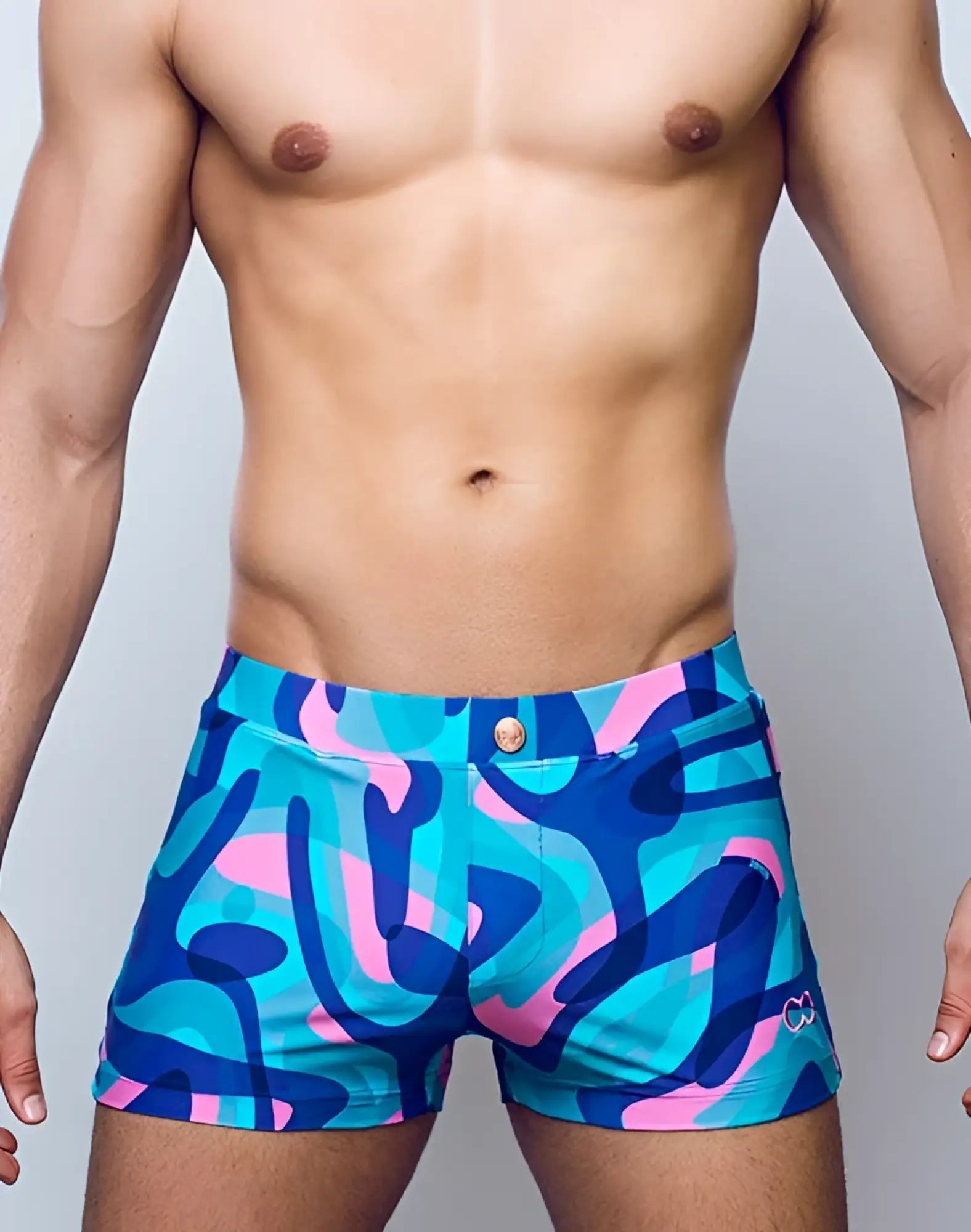 Vibrant blue and pink 2EROS V60 Bondi print swim trunks with gold-toned button closure for stylish beachwear