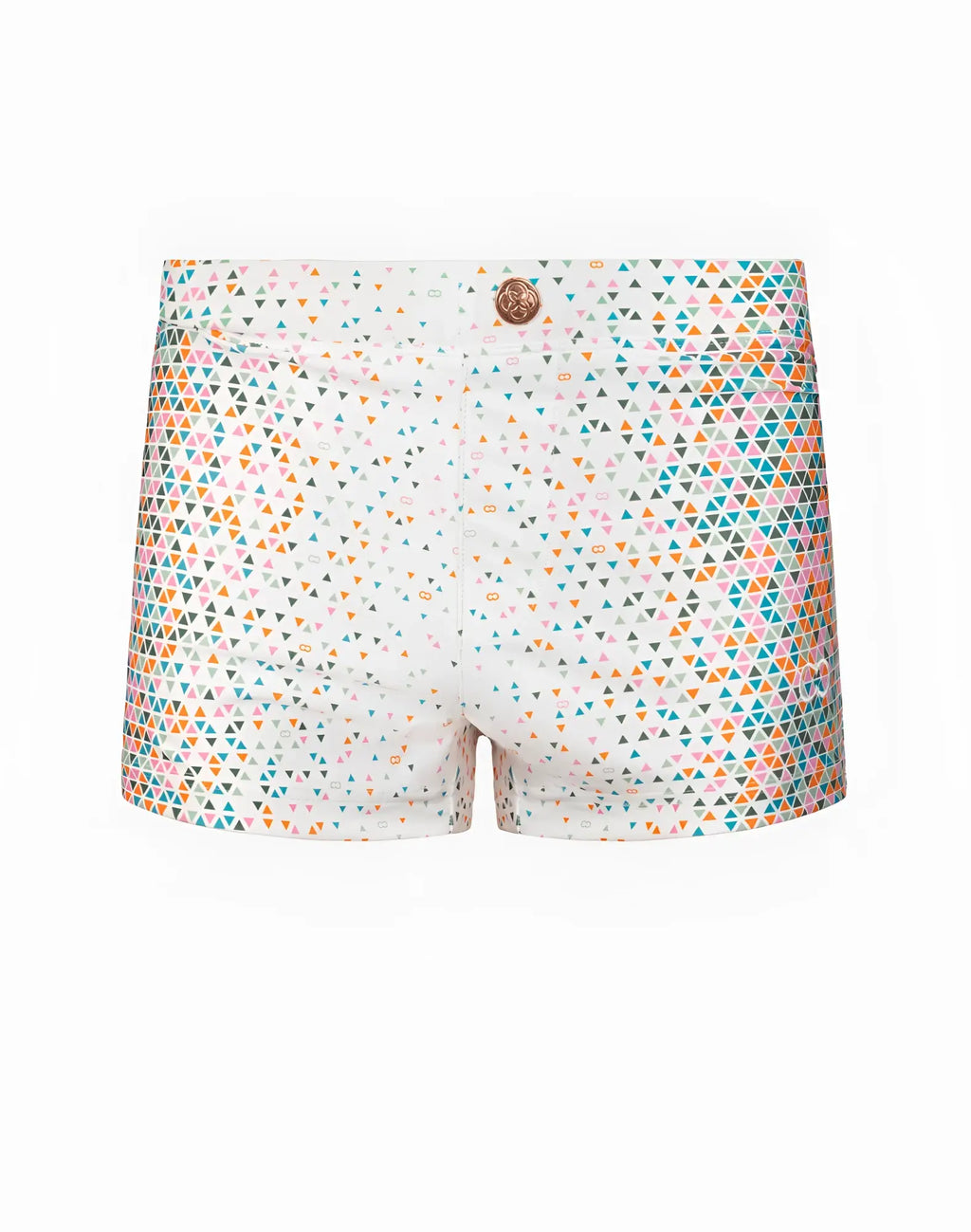 White 2EROS v60 bondi print swim trunks with vibrant multicolored triangle pattern in pink teal orange and gray