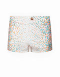 White 2EROS v60 bondi print swim trunks with vibrant multicolored triangle pattern in pink teal orange and gray