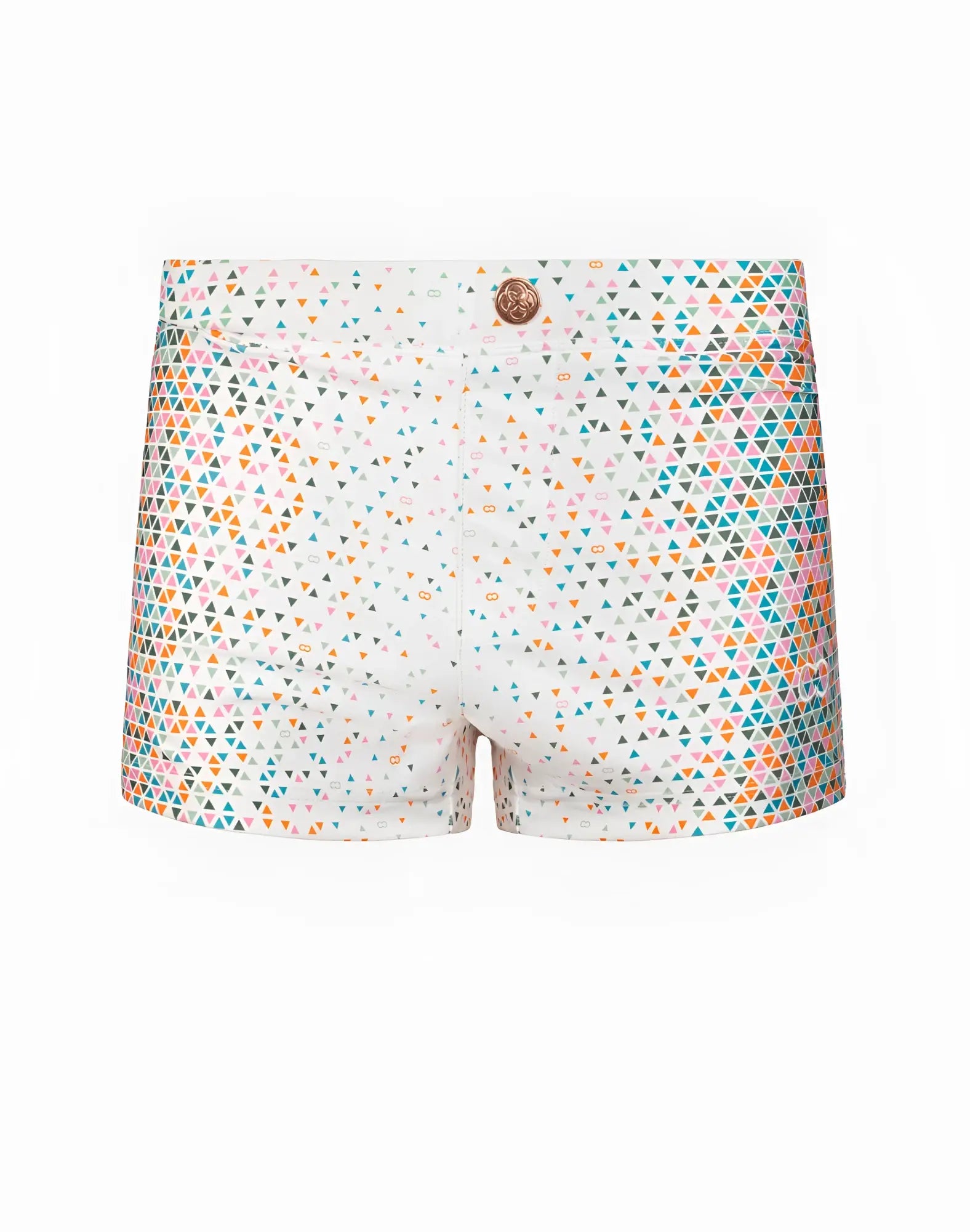 White 2EROS v60 bondi print swim trunks with vibrant multicolored triangle pattern in pink teal orange and gray