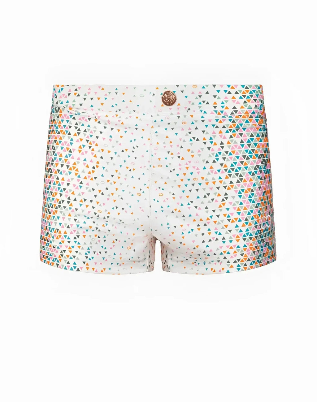 White 2EROS v60 bondi print swim trunks with vibrant multicolored triangle pattern in pink teal orange and gray