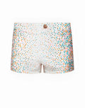White 2EROS v60 bondi print swim trunks with vibrant multicolored triangle pattern in pink teal orange and gray
