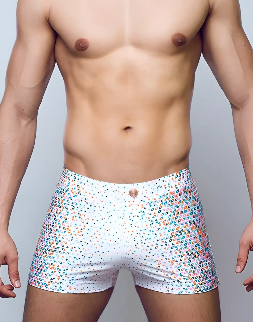 White 2eros v60 bondi print swim trunks with vibrant teal orange and pink geometric triangle pattern for casual beachwear