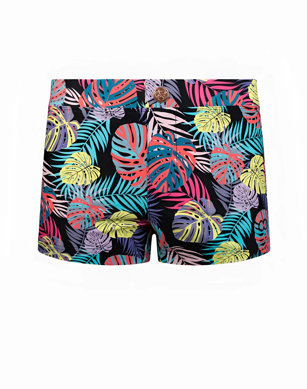2eros v60 bondi print swim trunks featuring vibrant tropical leaf pattern in neon hues with gold button closure on black