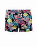 2eros v60 bondi print swim trunks featuring vibrant tropical leaf pattern in neon hues with gold button closure on black