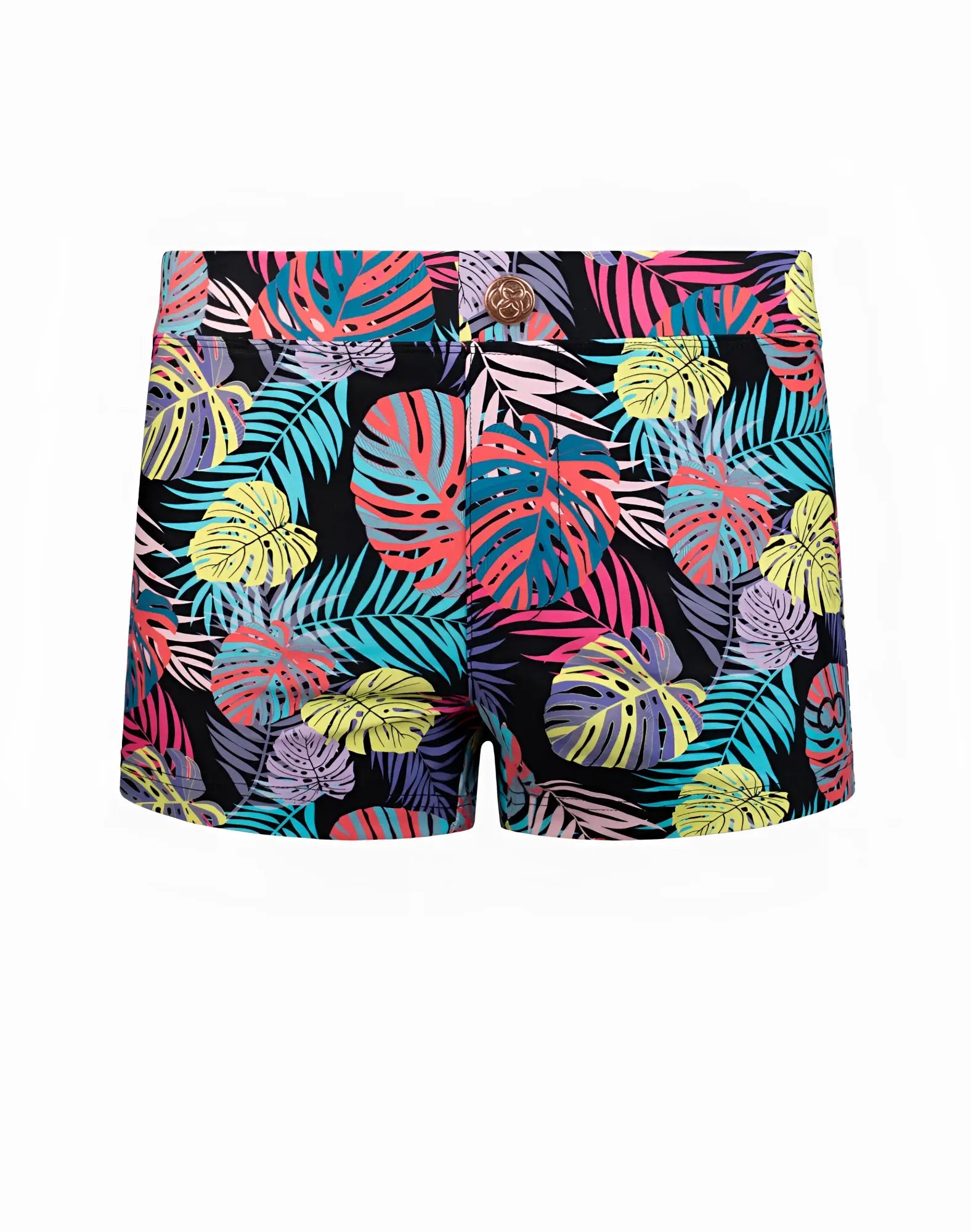 2eros v60 bondi print swim trunks featuring vibrant tropical leaf pattern in neon hues with gold button closure on black