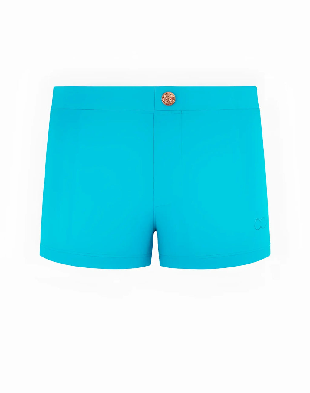 Bright turquoise 2EROS V60 Bondi Series 1 swim trunks with gold button and subtle side logo for aqua activities