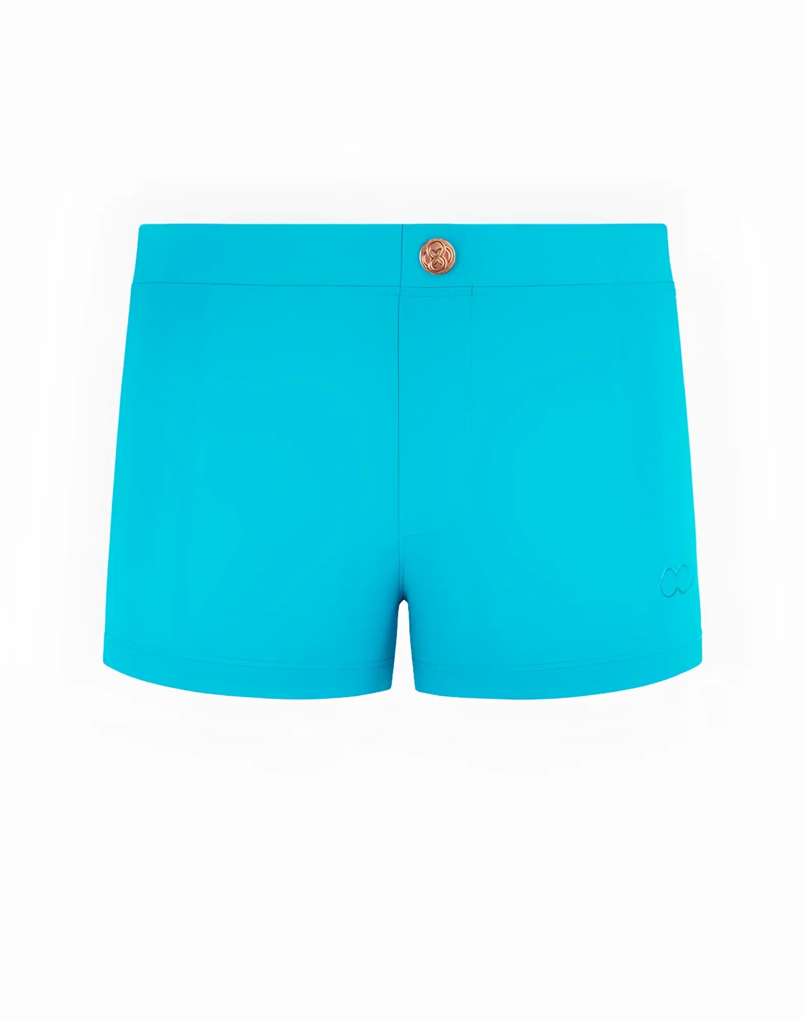 Bright turquoise 2EROS V60 Bondi Series 1 swim trunks with gold button and subtle side logo for aqua activities