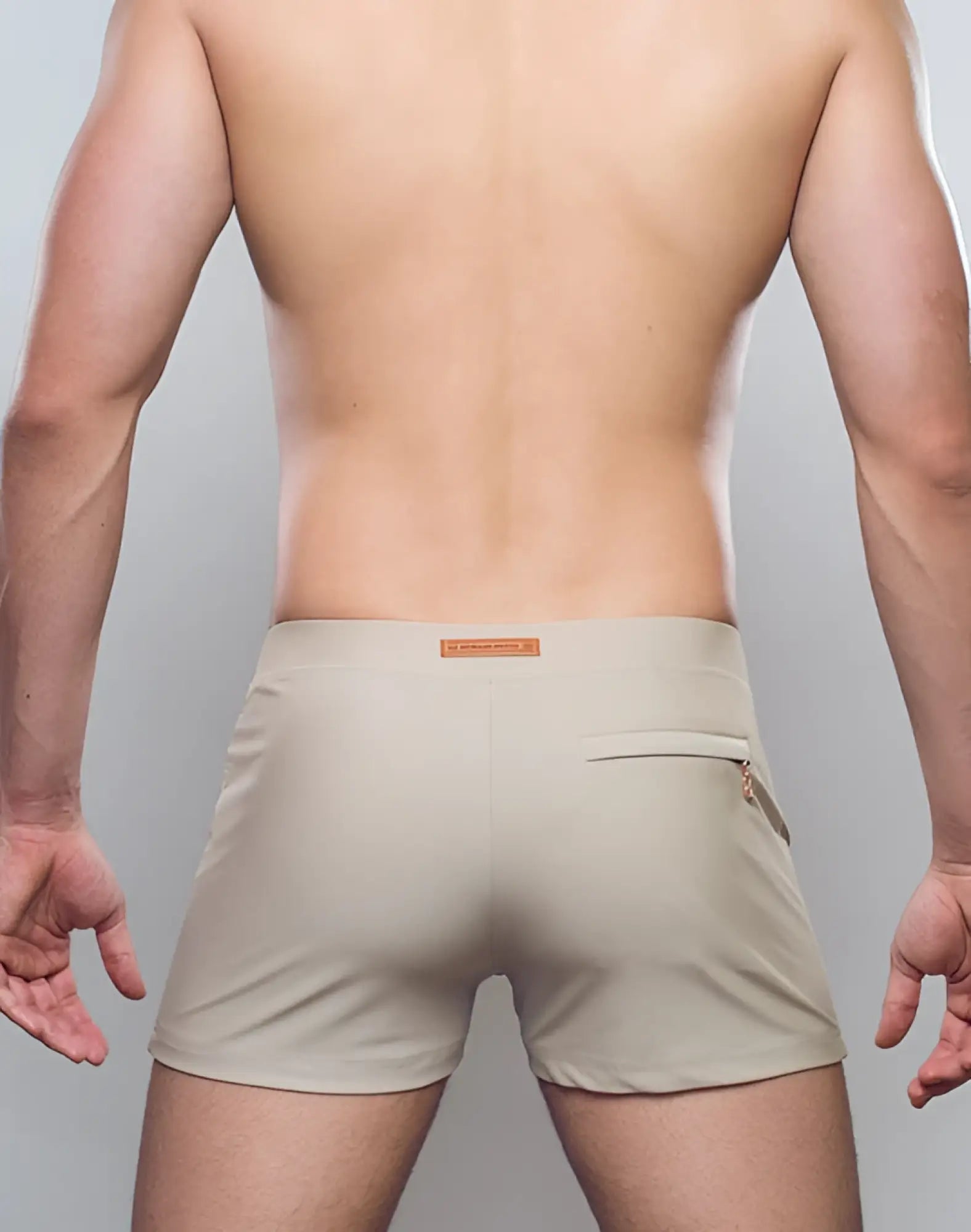2eros v60 bondi series 1 taupe swim trunks with beige fabric orange brand tag and side pocket for swimming
