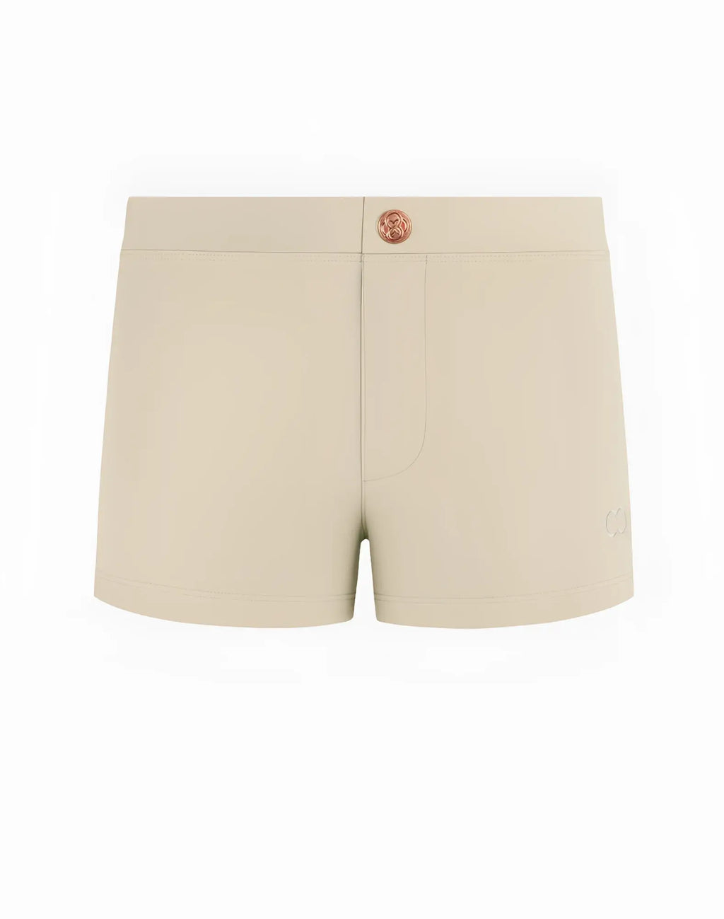 2EROS V60 Bondi taupe swim trunks with beige shorts, rose-gold waistband button, and subtle side branding