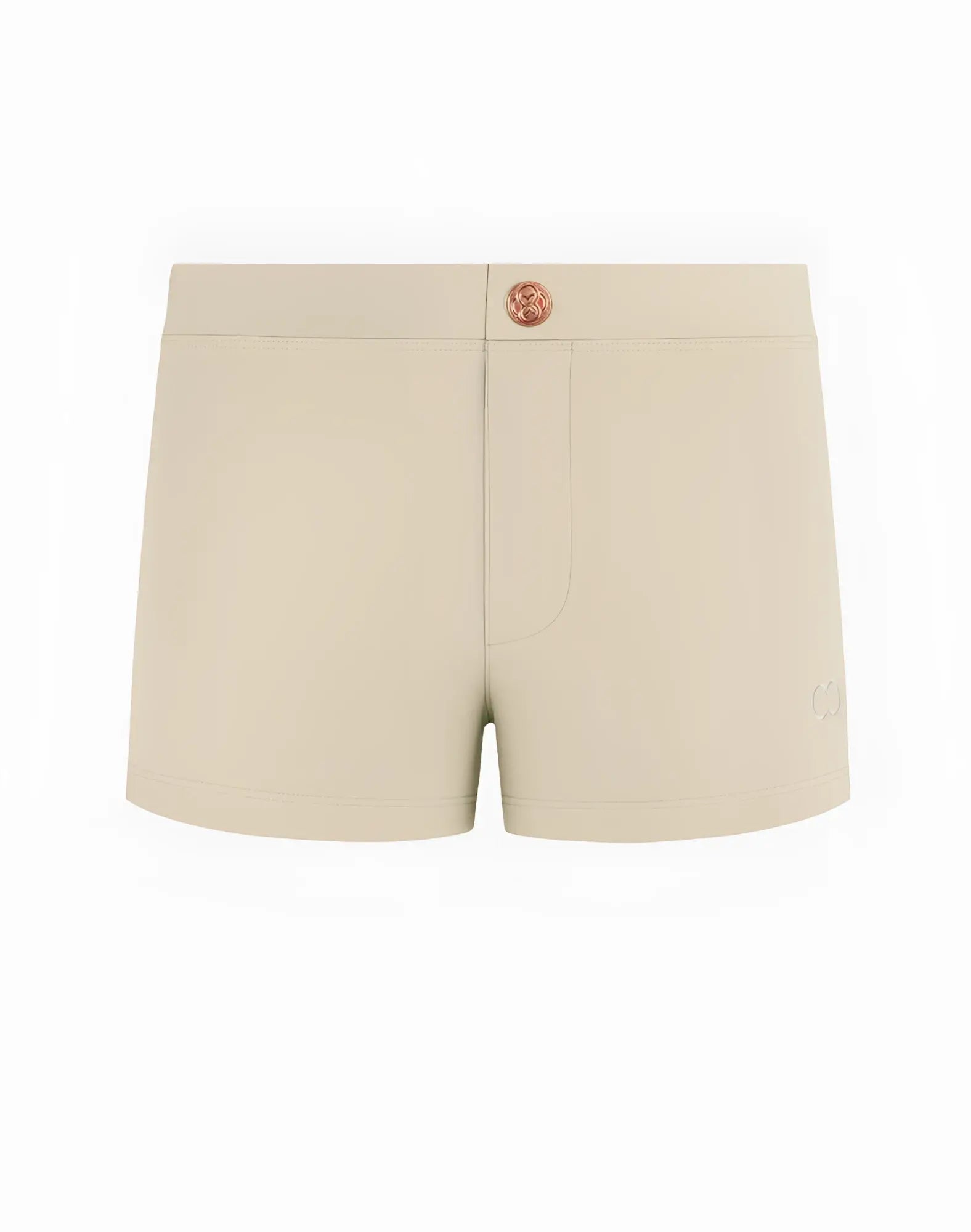 2EROS V60 Bondi taupe swim trunks with beige shorts, rose-gold waistband button, and subtle side branding