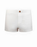 White 2eros v60 bondi swim trunks with rose gold button waistband and small embroidered logo on side