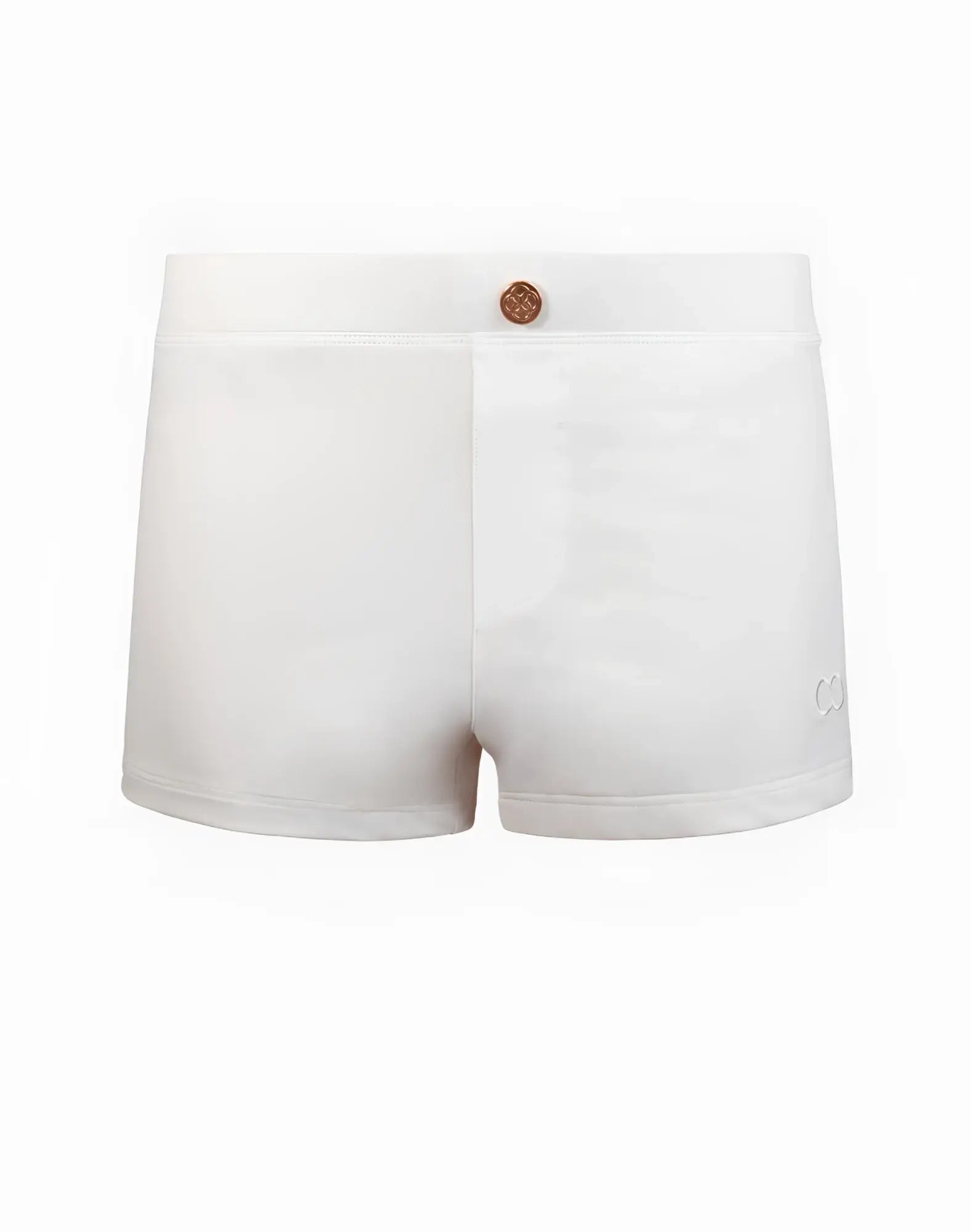 White 2eros v60 bondi swim trunks with rose gold button waistband and small embroidered logo on side
