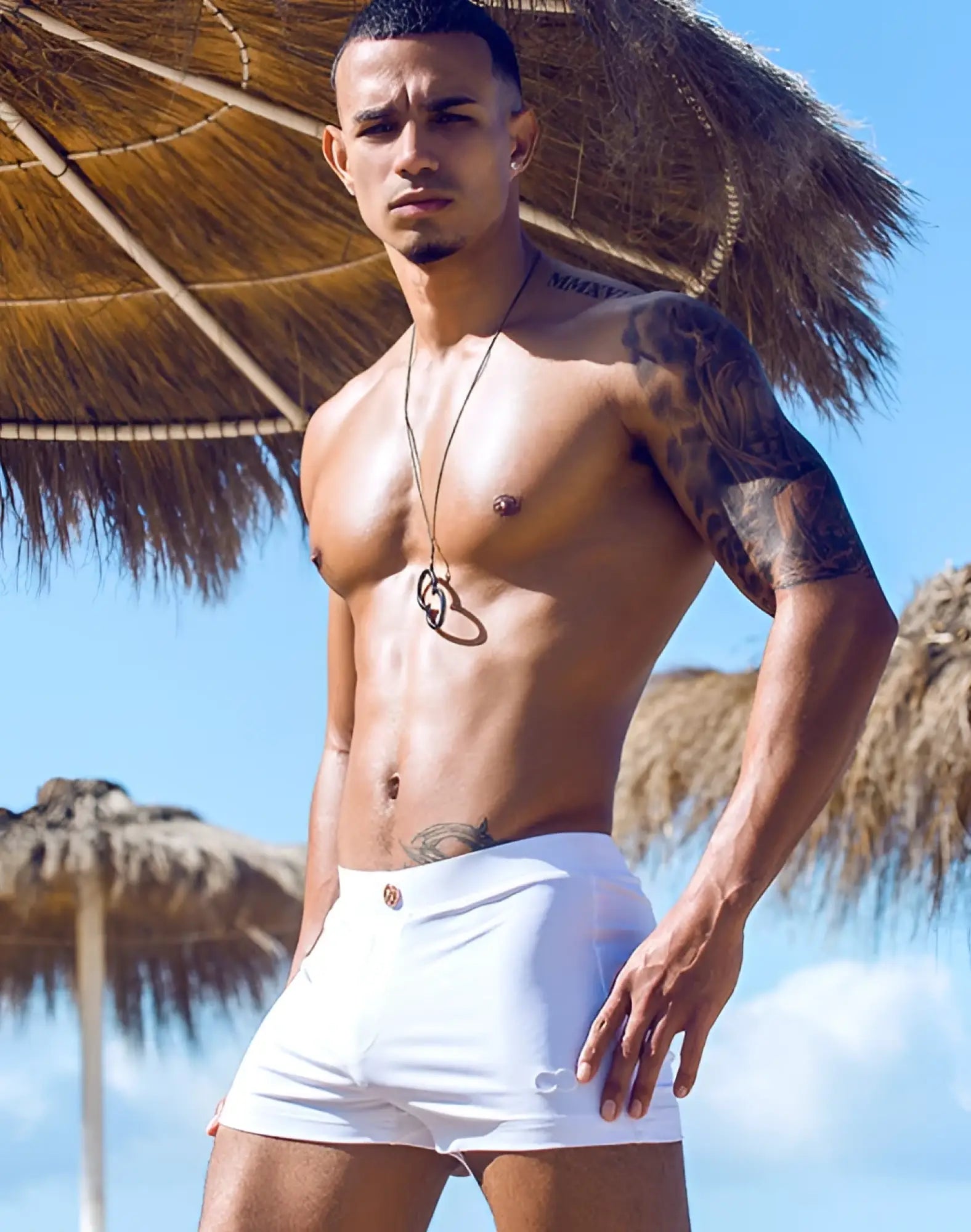 White 2eros v60 bondi swim trunks with single button closure and subtle side seam detailing