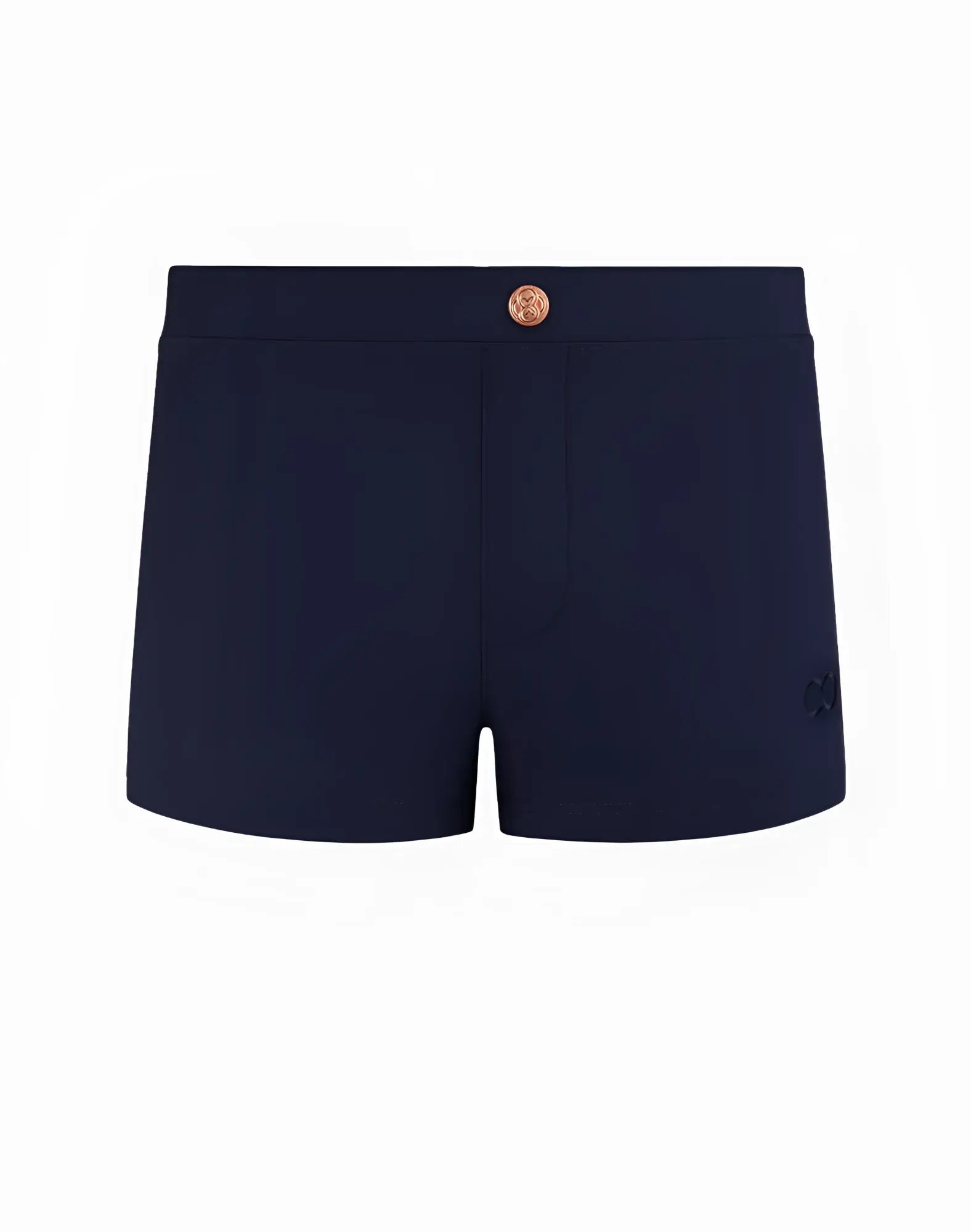 Navy blue 2EROS V60 Bondi Series 2 swim trunks with rose gold waistband button and side embroidered logo