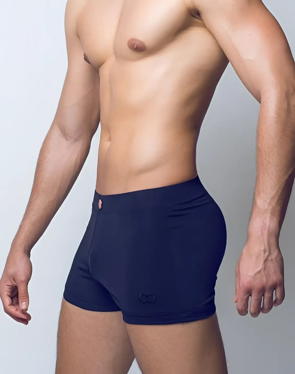 Navy blue 2eros v60 bondi series 2 athletic briefs with subtle infinity logo on lower right leg for activewear