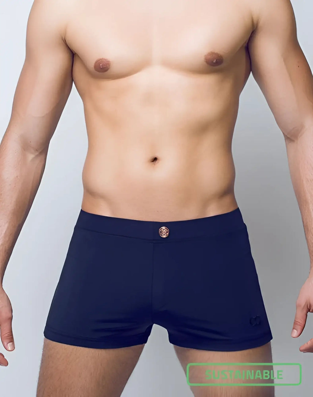 Navy blue 2EROS V60 Bondi series 2 swim trunks with gold-toned waistband button and logo on lower right leg