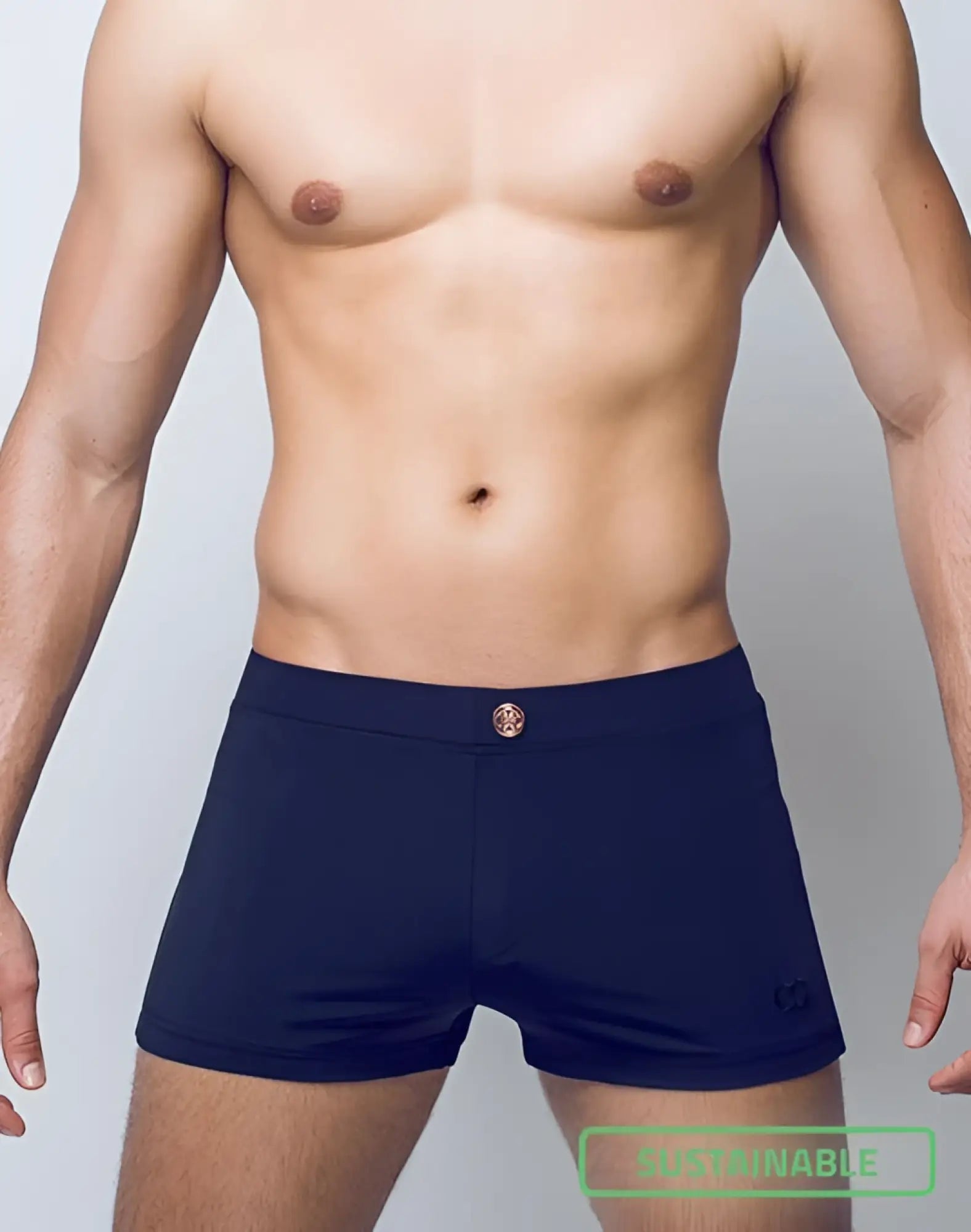 Navy blue 2EROS V60 Bondi series 2 swim trunks with gold-toned waistband button and logo on lower right leg