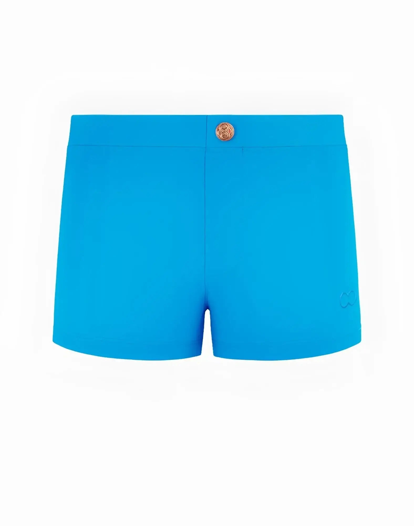 Bright blue 2EROS V60 Bondi Series 2 swim trunks with gold button waistband and subtle brand logo on side