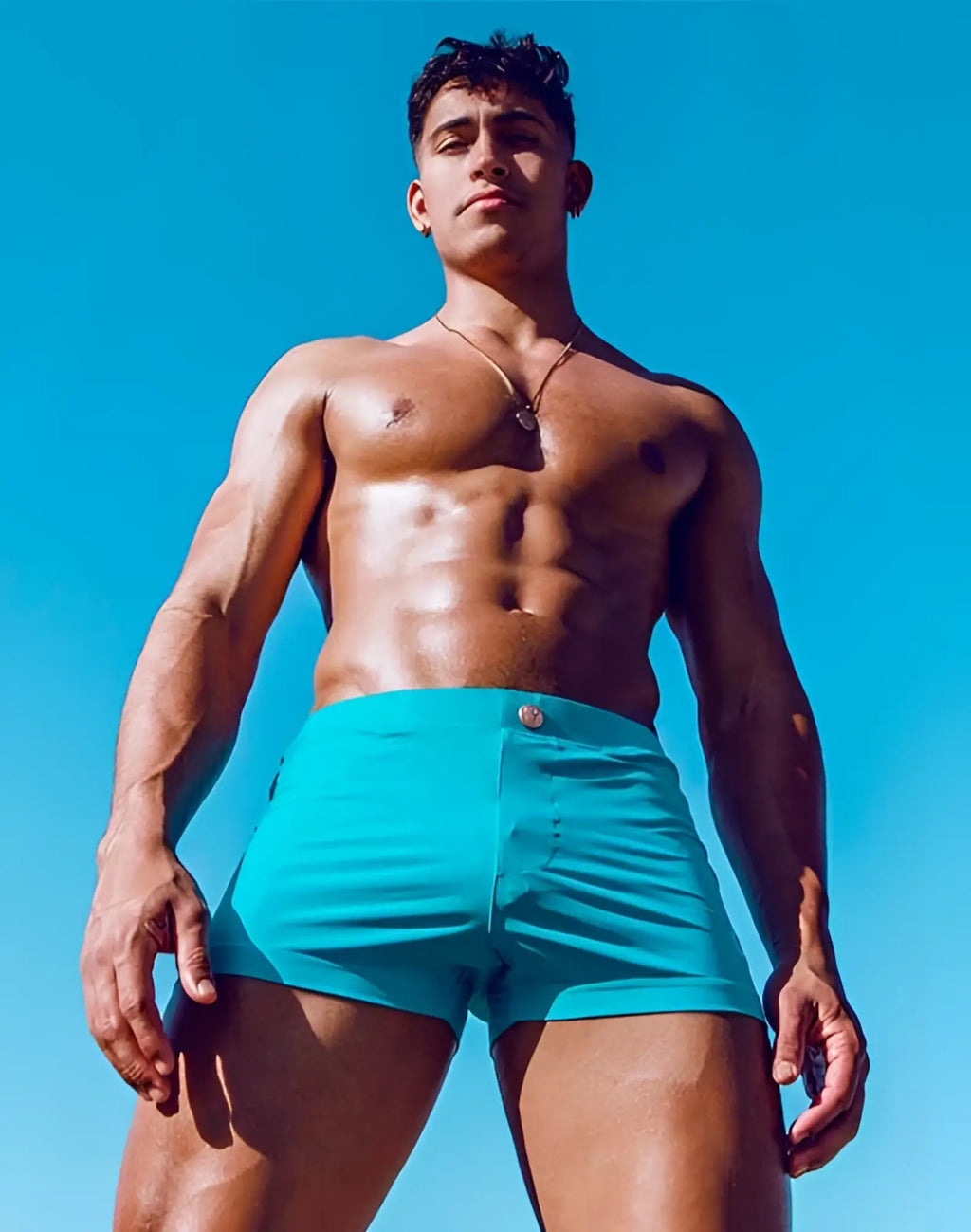 Vibrant turquoise 2eros v60 bondi series 2 swim trunks with single button closure in breeze green color