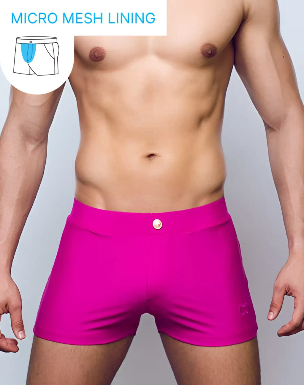 Fuchsia red 2eros v60 bondi series 2 men’s swim trunks with white button closure and subtle logo on lower right leg