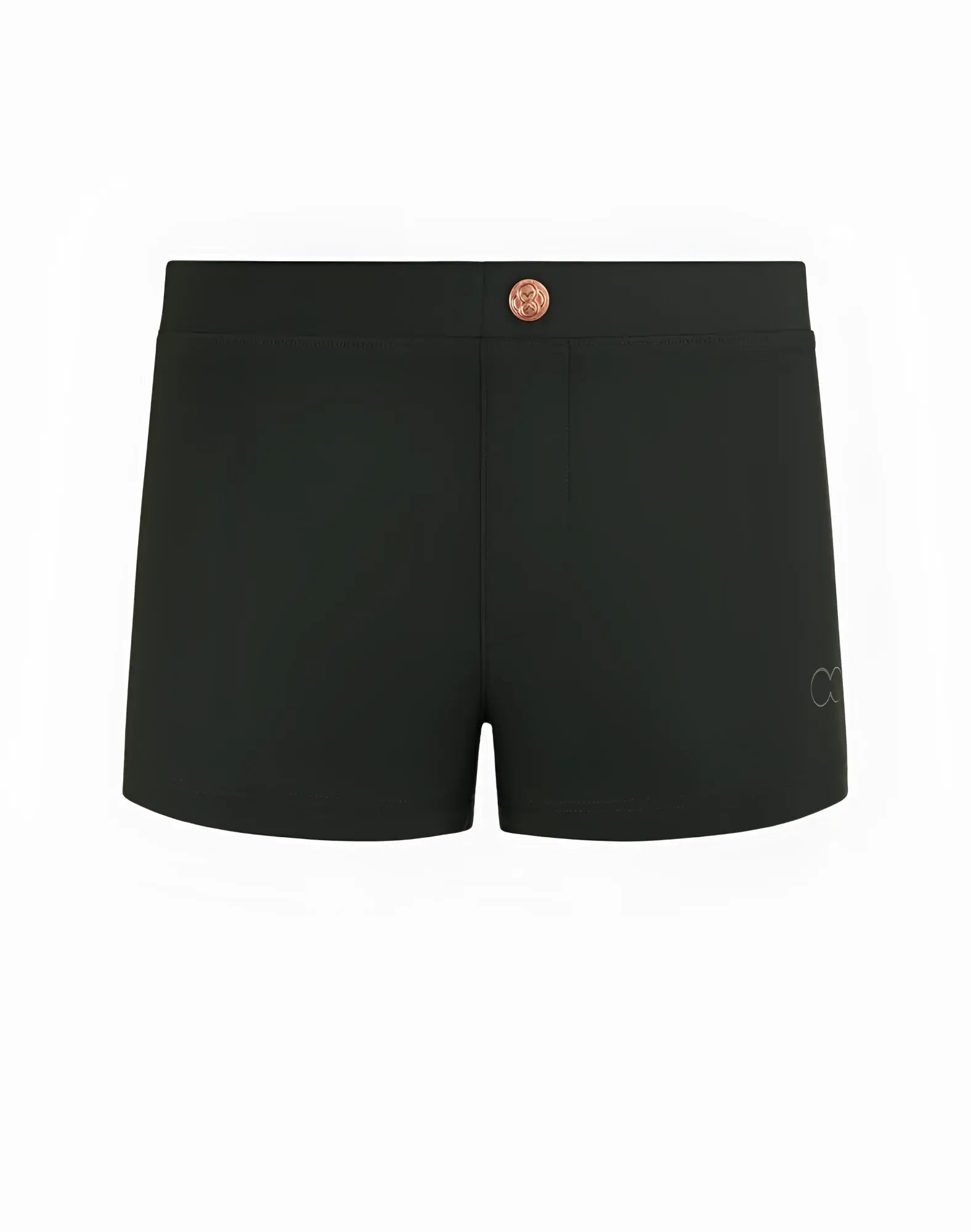 2eros v60 bondi swim trunks in midnight grey featuring black athletic shorts with rose gold button and subtle logo