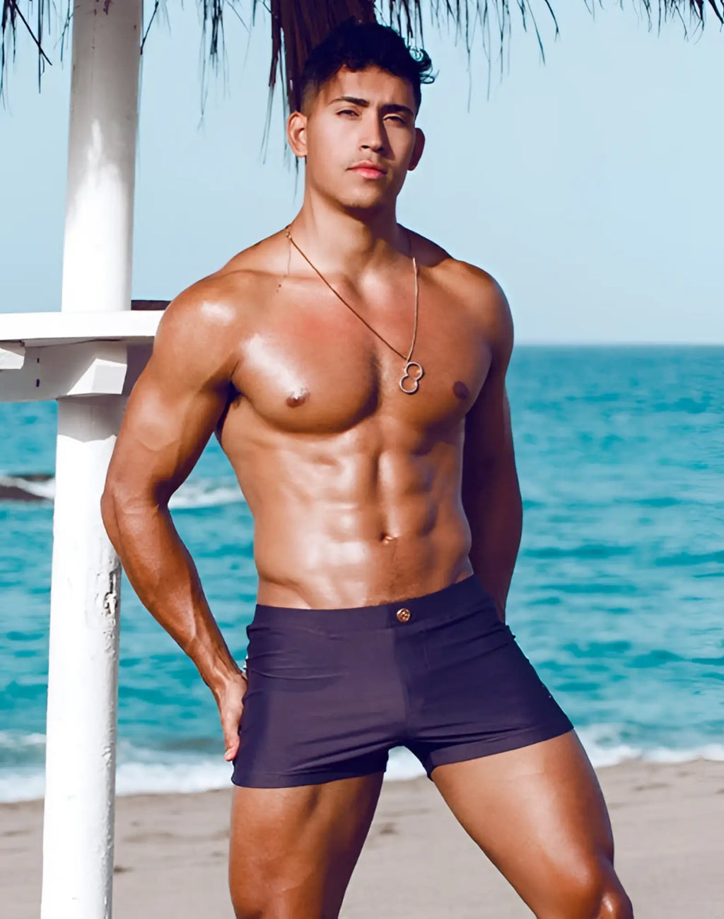 Dark navy 2EROS V60 Bondi swim trunks with a gold-toned waistband button for stylish beachwear in midnight grey