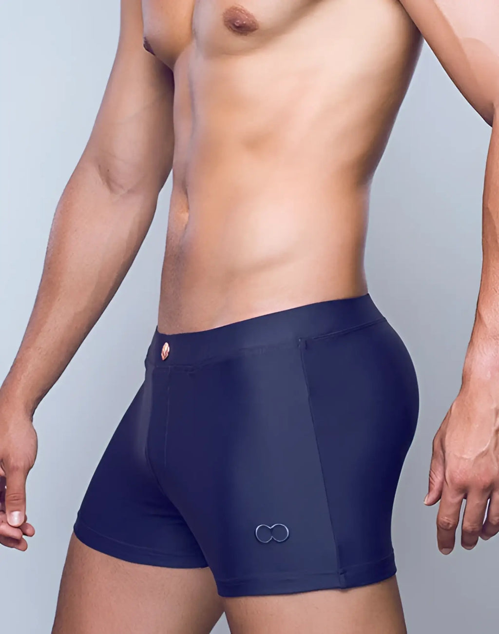 Navy blue 2EROS V60 Bondi swim trunks with embroidered infinity symbol and metallic button on waistband in midnight grey