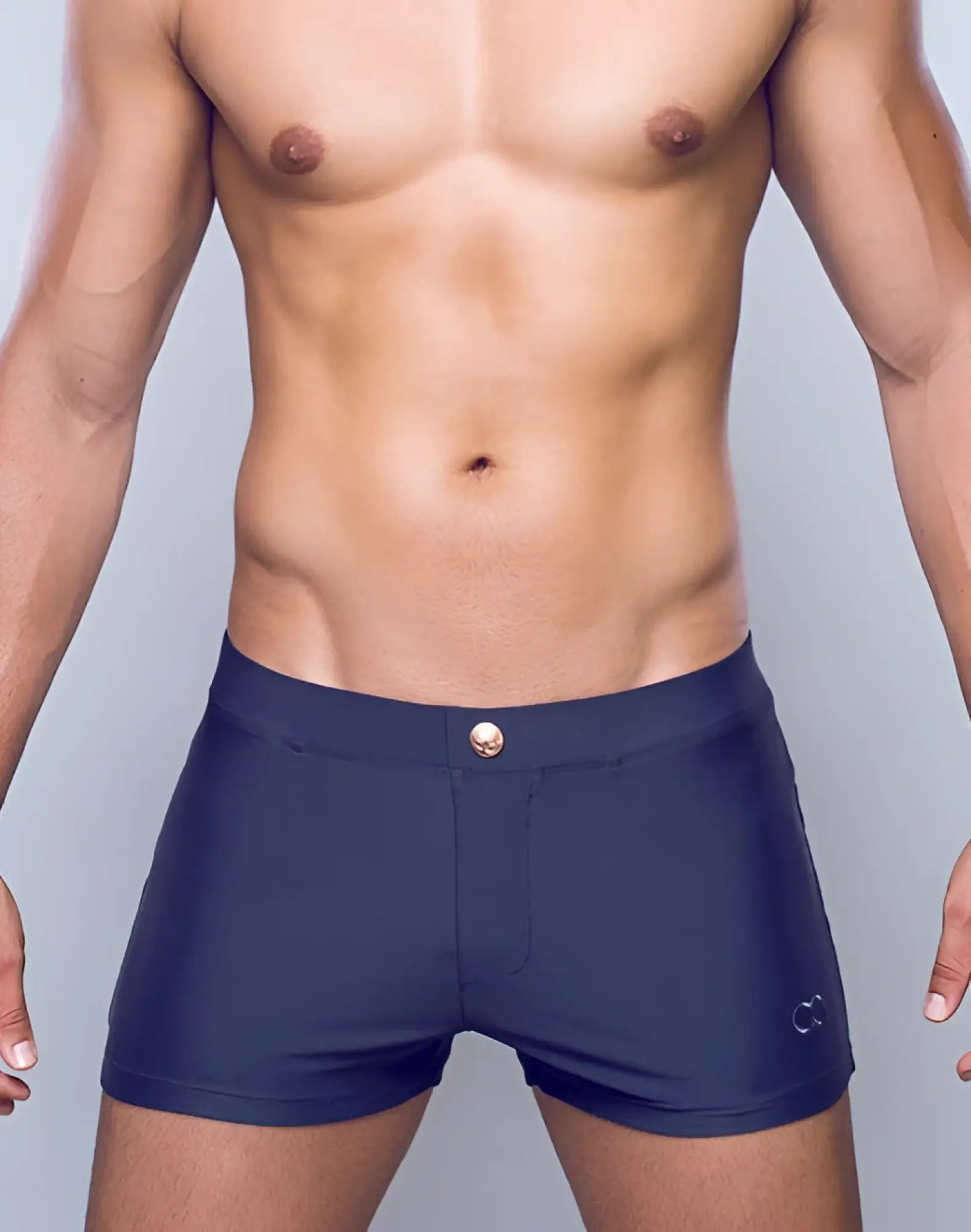 Navy blue 2EROS V60 Bondi Series 2 swim trunks with rose gold button and subtle side logo in midnight grey