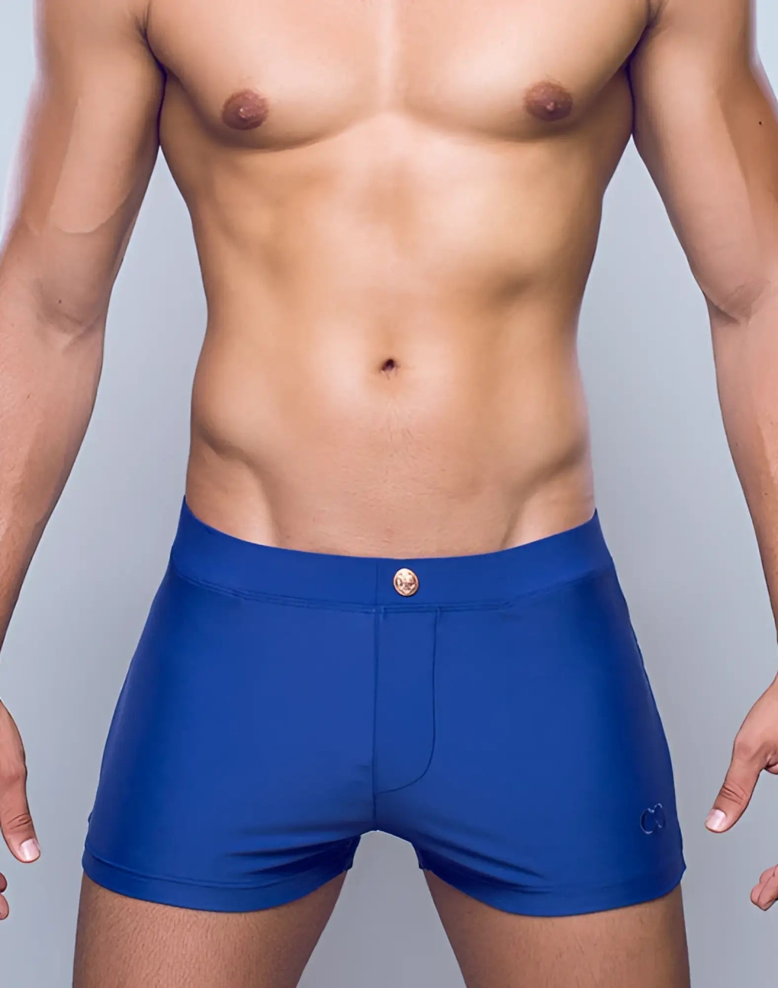 Blue 2EROS V60 Bondi Series 2 swim trunks with gold-toned waistband button and small logo on lower right leg