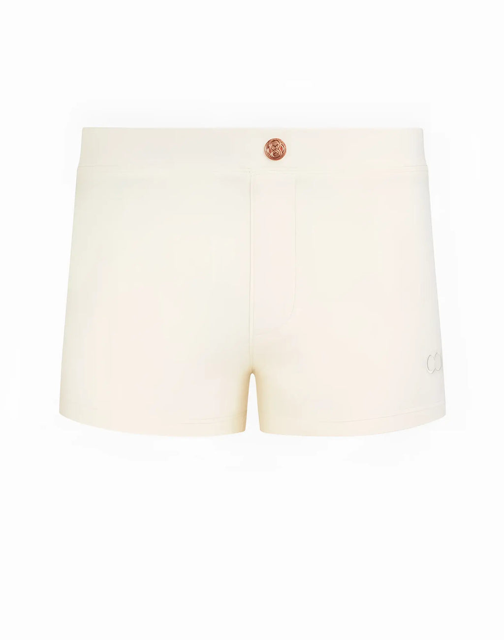 Cream-colored high-waisted 2EROS V60 Bondi swim trunks with rose gold button and subtle side branding in sand color