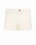 Cream-colored high-waisted 2EROS V60 Bondi swim trunks with rose gold button and subtle side branding in sand color