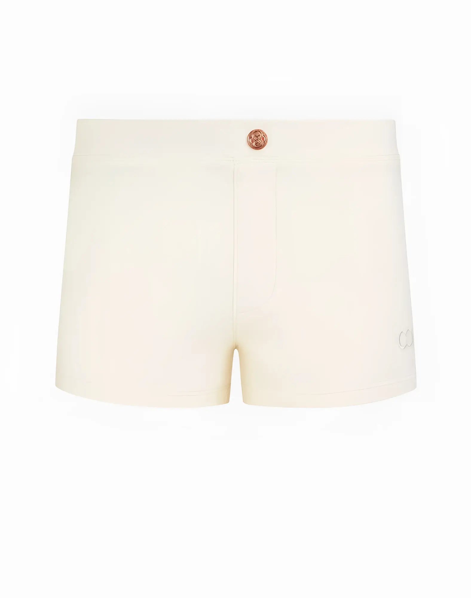 Cream-colored high-waisted 2EROS V60 Bondi swim trunks with rose gold button and subtle side branding in sand color
