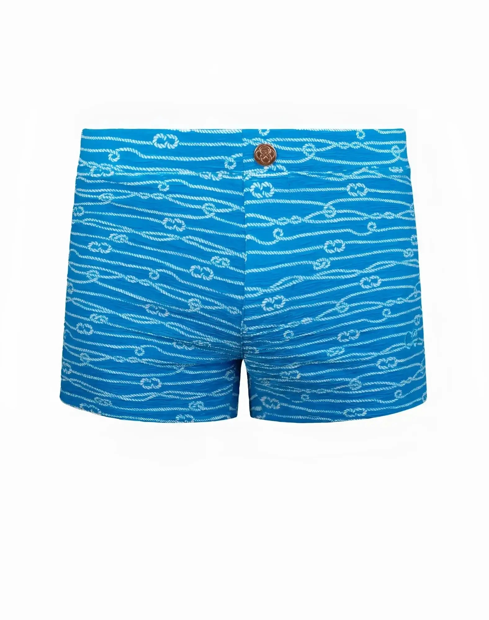 Bright blue 2EROS V60 print swim trunks with white rope pattern and brown button closure in Manrope Blue color