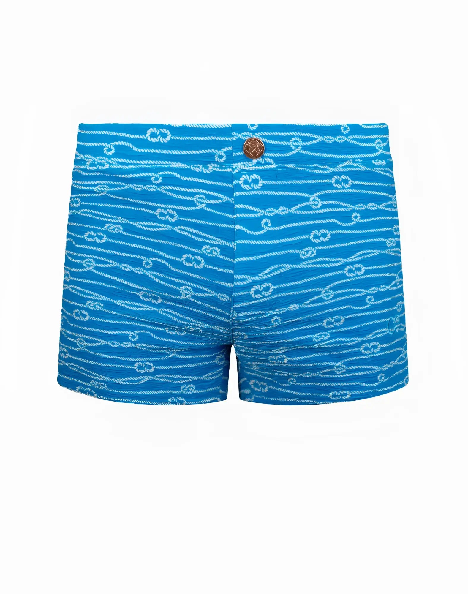 Bright blue 2EROS V60 print swim trunks with white rope pattern and brown button closure in Manrope Blue color