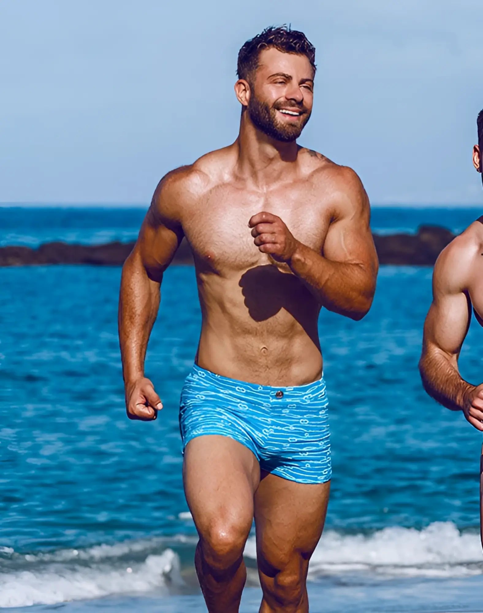 Blue patterned 2EROS V60 print swim trunks made of quick-dry fabric for men in Manrope Blue color