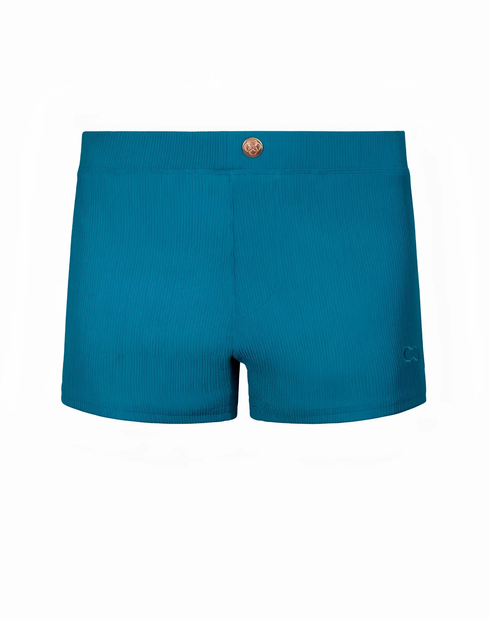 2eros v60 swim trunks in railroad teal featuring ribbed fabric gold toned button and small side logo