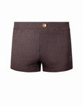 Dark brown 2eros v60 textured swim trunk with embossed text pattern and rose gold button at waistband in signet black
