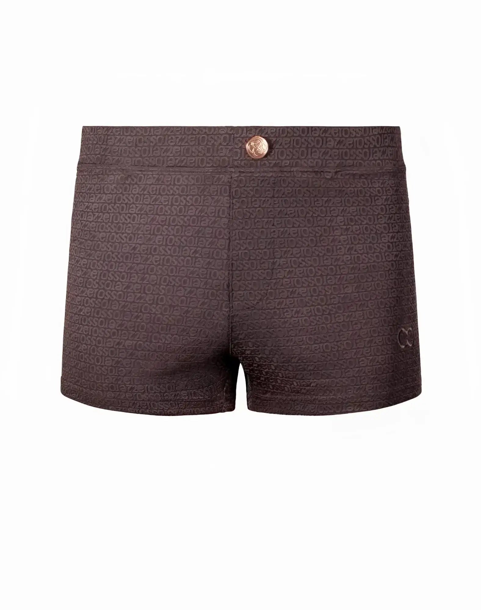 Dark brown 2eros v60 textured swim trunk with embossed text pattern and rose gold button at waistband in signet black