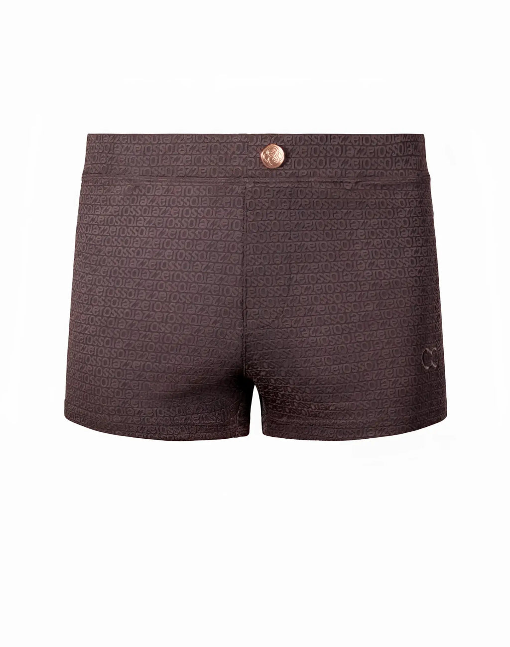 Dark brown 2eros v60 textured swim trunk with embossed text pattern and rose gold button at waistband in signet black