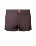 Dark brown 2eros v60 textured swim trunk with embossed text pattern and rose gold button at waistband in signet black
