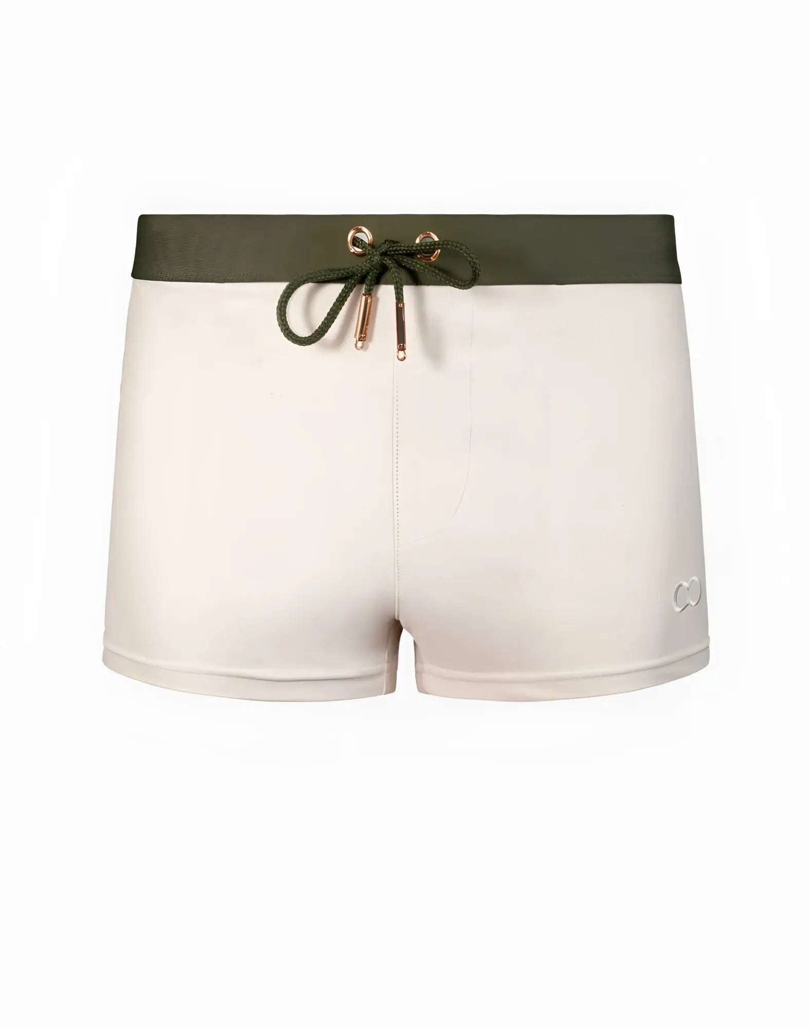 Cream-colored 2EROS V65 swim trunks with olive green waistband and drawstring featuring subtle lower right logo