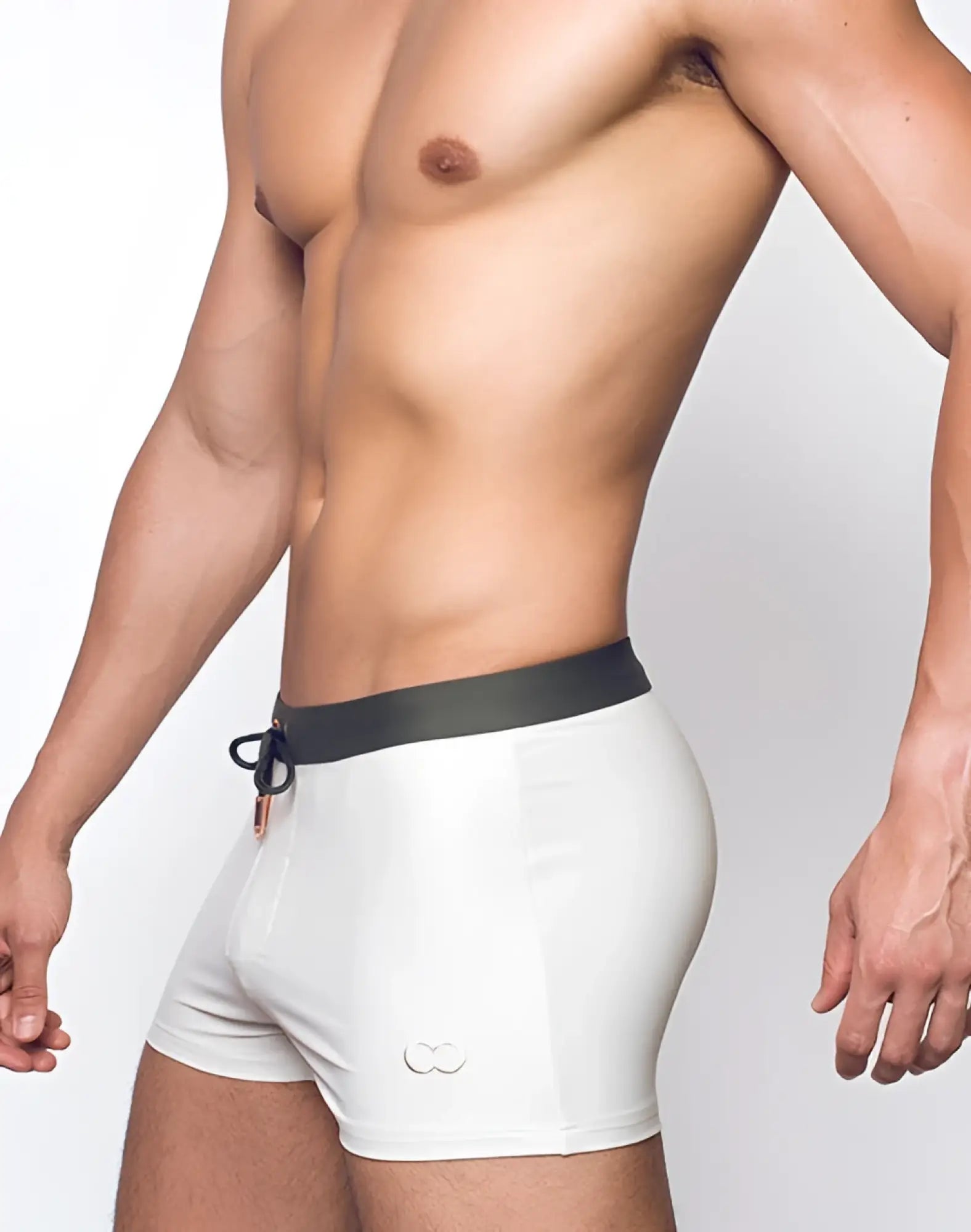White 2EROS V65 swim trunks with black elastic waistband and drawstring in kombu green and moonbeam colors