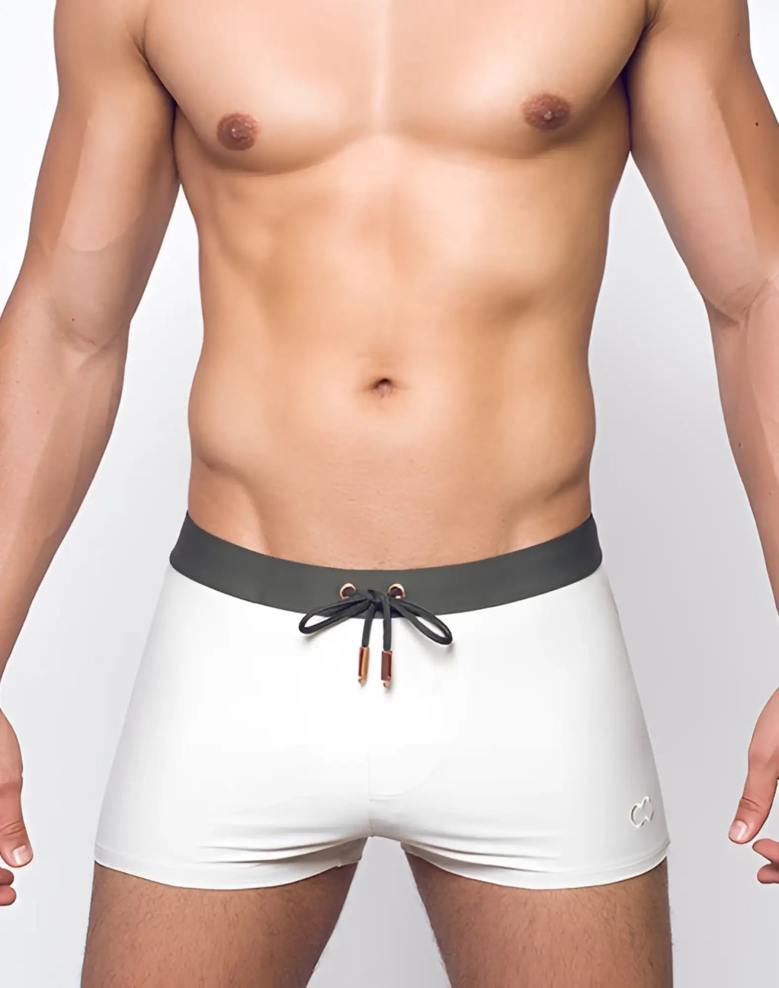 White 2eros v65 swim trunks with dark gray waistband black drawstring and gold toned aglets for beachwear
