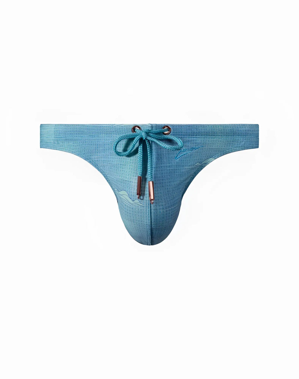 2eros v80 print swim thong in light blue textured fabric with matching drawstring and rose gold metallic aglets