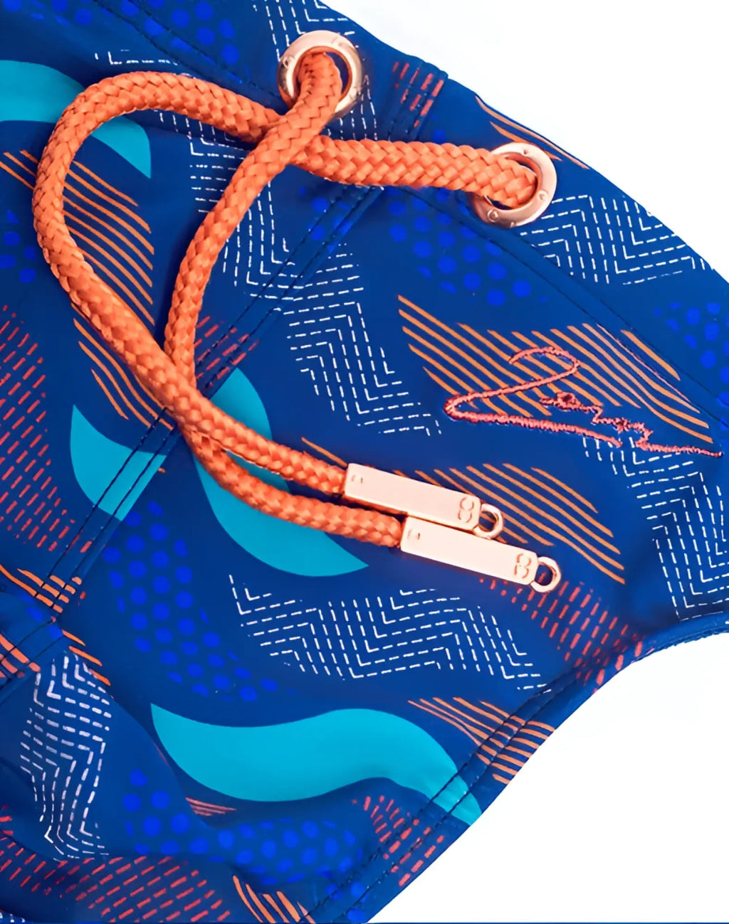 2eros v80 print swim thong in ocean blue with blue pattern orange braided drawstring and rose gold metal hardware